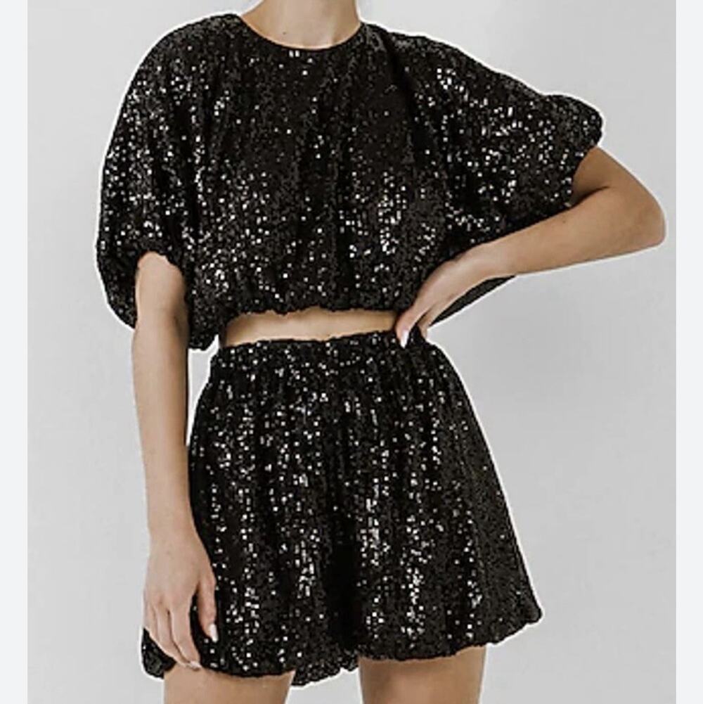 Endless Rose Black Sequin Bubbly Puff Matching Set. CROP TOP & SKORTS XS NWT